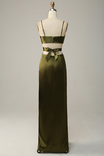 Spaghetti stropper Cut Out Olive Long brudepike kjole med Slit